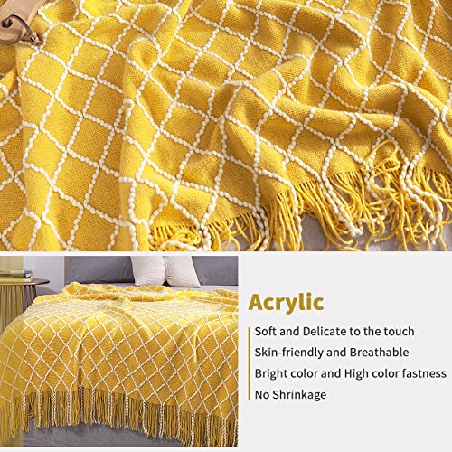 QUILTINA Boho Knitted Throw Blanket for Couch, 700GSM Soft Bed Throw with Tassel for All Seasons, Lightweight Spring/Summer Blanket, Suitable for Decoration and Outdoor Use (54"x67" Yellow)