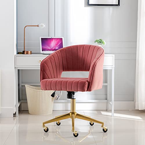 Home Office Chair Swivel Velvet Desk Chair Accent Armchair Upholstered Modern Tufted Chairs with Gold Base for Girls Women Ergonomic Study Seat Computer Task Stools for Living Room(Rose)