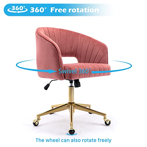 Home Office Chair Swivel Velvet Desk Chair Accent Armchair Upholstered Modern Tufted Chairs with Gold Base for Girls Women Ergonomic Study Seat Computer Task Stools for Living Room(Rose)