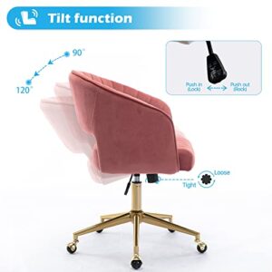 Home Office Chair Swivel Velvet Desk Chair Accent Armchair Upholstered Modern Tufted Chairs with Gold Base for Girls Women Ergonomic Study Seat Computer Task Stools for Living Room(Rose)