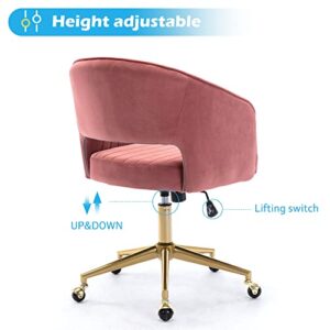 Home Office Chair Swivel Velvet Desk Chair Accent Armchair Upholstered Modern Tufted Chairs with Gold Base for Girls Women Ergonomic Study Seat Computer Task Stools for Living Room(Rose)