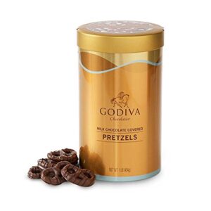godiva chocolatier assorted milk chocolate covered pretzels gift canister, 16 oz, 66 count