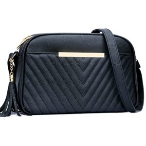 kkxiu quilted double compartment multiple pocket crossbody bag for women and teen girls stylish shoulder purse with tassel (c-black)