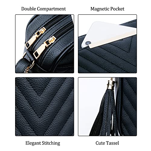 KKXIU Quilted Double Compartment Multiple Pocket Crossbody Bag for Women and Teen Girls Stylish Shoulder Purse with Tassel (c-black)