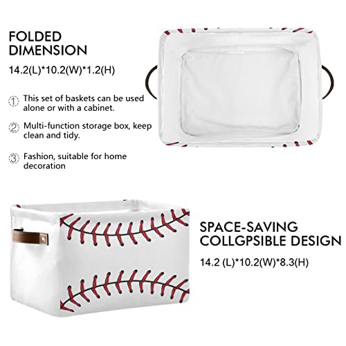 Softball Baseball Lace Rectangular Storage Basket Storage Bin Collapsible Storage Box with Leather Handles Empty Gift Baskets Organizer for Office, Office