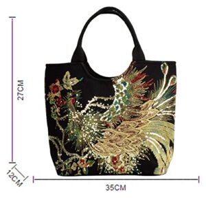 Glitter Embroidery Bag for Women, Peacock Sequins Handbags Traditional Bling Phoenix Shoulder Bag for Travel School Evenings, Perfect Mom Gift (B-02)