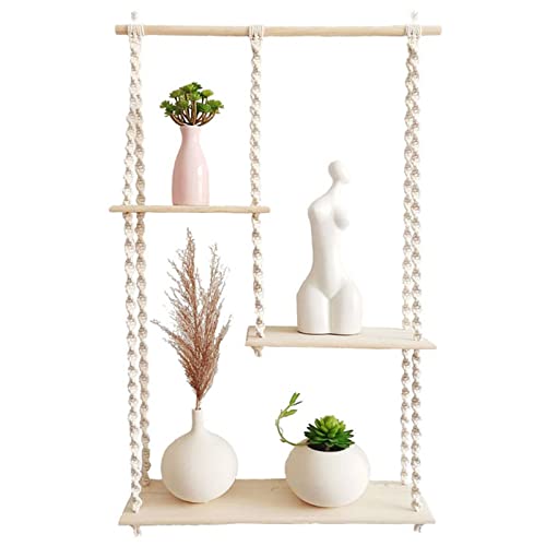 Macrame Wall Hanging Shelf with Three Wooden Shelves Boho Hanging Plant Shelf Boho Wall Decor Hand Woven Natural Rope Floating Shelf for Window Bedroom Bathroom Decorations (Style B)