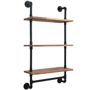 houseaid industrial pipe floating shelves with towel bar, 24 inch farmhouse vintage style shelf for bathroom, wall mounted, matte black (3 tiers)