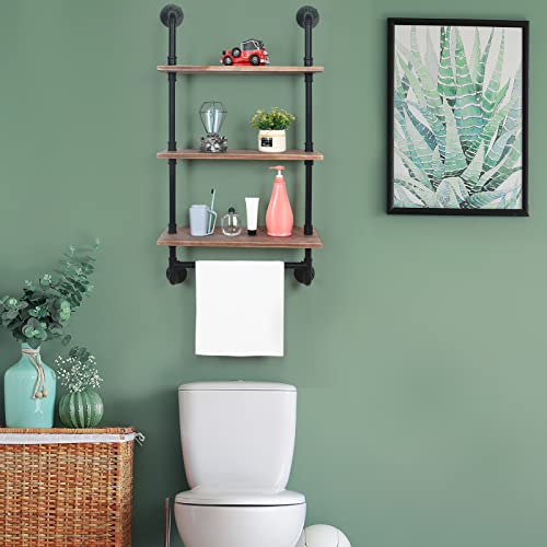 HouseAid Industrial Pipe Floating Shelves with Towel Bar, 24 Inch Farmhouse Vintage Style Shelf for Bathroom, Wall Mounted, Matte Black (3 Tiers)