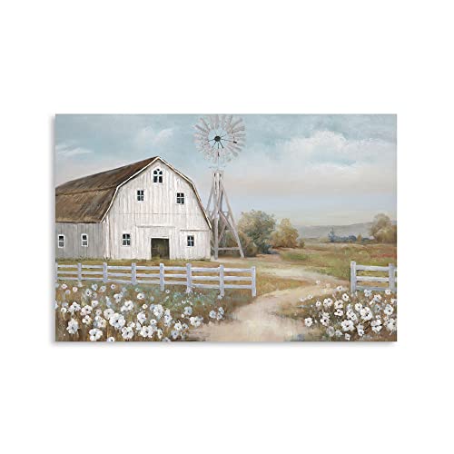 Barn Prints Farmhouse Old Barn Wall Art Barn Painting Barn and Flowers Wall Decor Rustic Bedroom Wall Decor Farmhouse Barn Windmills Art for Bathroom Bedroom Living Room Framed Ready to Hang(16"x 12" )