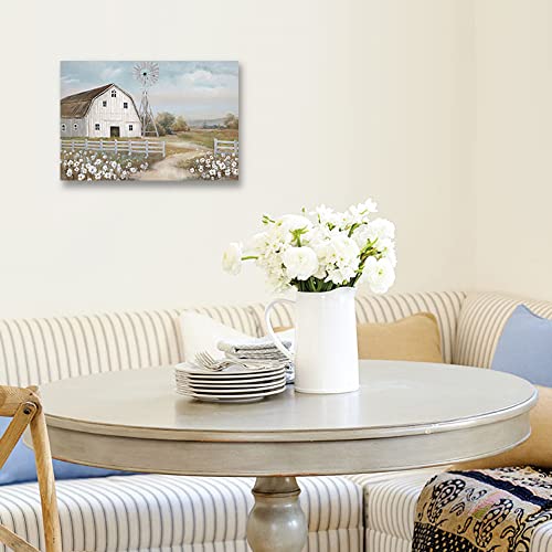 Barn Prints Farmhouse Old Barn Wall Art Barn Painting Barn and Flowers Wall Decor Rustic Bedroom Wall Decor Farmhouse Barn Windmills Art for Bathroom Bedroom Living Room Framed Ready to Hang(16"x 12" )