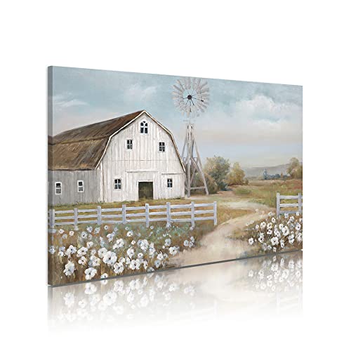 Barn Prints Farmhouse Old Barn Wall Art Barn Painting Barn and Flowers Wall Decor Rustic Bedroom Wall Decor Farmhouse Barn Windmills Art for Bathroom Bedroom Living Room Framed Ready to Hang(16"x 12" )