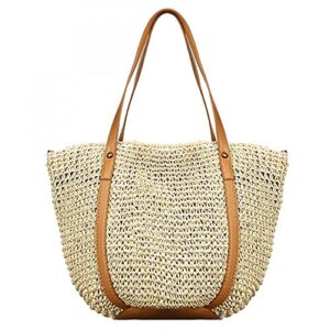 Women Straw Shoulder Bag Summer Beach Lightweight Large Wallet Handmade Woven Handbag (Off-white)