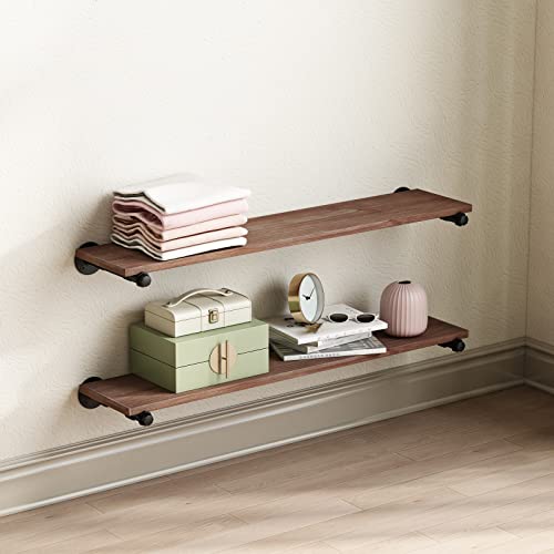 HOMEKAYT Industrial Pipe Clothing Rack Wall Mounted Garment Rack with Wooden Shelves Set of 3 Office Bedroom Living Room-SOLID WOOD