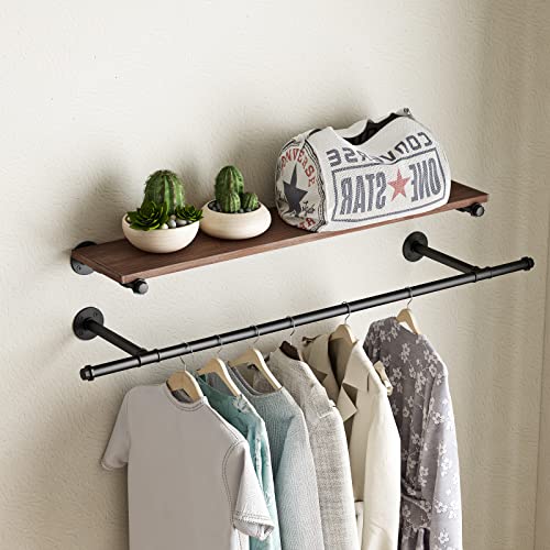 HOMEKAYT Industrial Pipe Clothing Rack Wall Mounted Garment Rack with Wooden Shelves Set of 3 Office Bedroom Living Room-SOLID WOOD