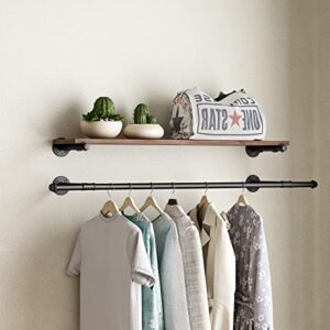 HOMEKAYT Industrial Pipe Clothing Rack Wall Mounted Garment Rack with Wooden Shelves Set of 3 Office Bedroom Living Room-SOLID WOOD