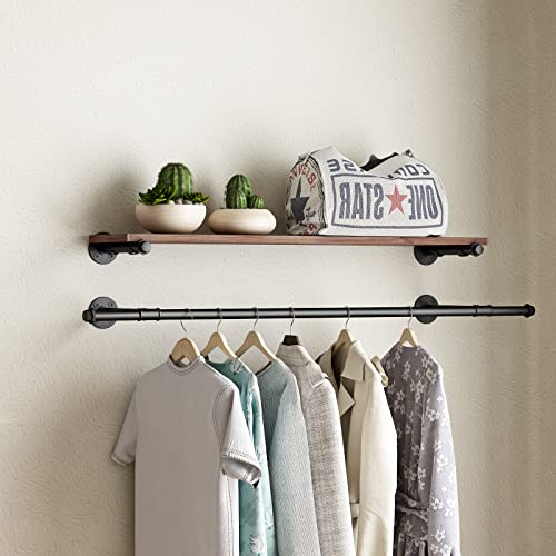 HOMEKAYT Industrial Pipe Clothing Rack Wall Mounted Garment Rack with Wooden Shelves Set of 3 Office Bedroom Living Room-SOLID WOOD