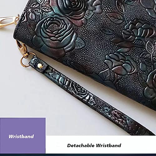 HuiLanLuo Wallet Women Rfid Blocking Wristlet Leather Metal Zip Fastener Large Capacity for Credit Card ID Cash Change Coin Phone,Women's Wallets Medium Size(Retro Rose), Rose mixcolor cyan