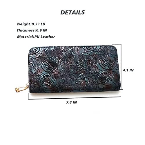 HuiLanLuo Wallet Women Rfid Blocking Wristlet Leather Metal Zip Fastener Large Capacity for Credit Card ID Cash Change Coin Phone,Women's Wallets Medium Size(Retro Rose), Rose mixcolor cyan