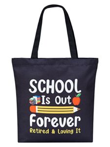 teacher retirement gift – black canvas tote bag with pocket, happy retirement gift teacher appreciation gift