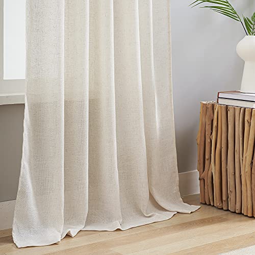 VOILYBIRD Natural Linen Semi Sheer Curtains Tab Top Light Filtering Elegant Curtains & Drapes for Bedroom 52 x 63 Inch Length, Set of 2 Panels