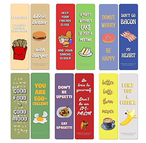 Creanoso Funny Food Sayings Bookmarks (30-Pack) – Six Assorted Quality Bookmarker Cards Bulk Set – Premium Gift for Food Lovers, Chefs, Cooks, Men & Women, Adults – Corporate Giveaways