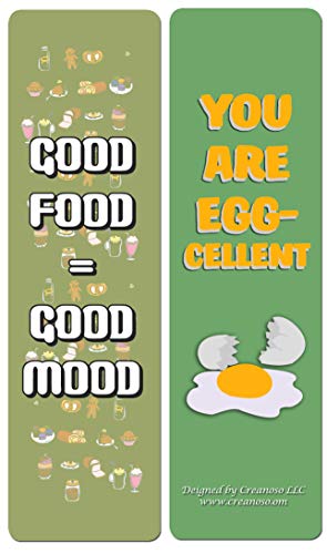 Creanoso Funny Food Sayings Bookmarks (30-Pack) – Six Assorted Quality Bookmarker Cards Bulk Set – Premium Gift for Food Lovers, Chefs, Cooks, Men & Women, Adults – Corporate Giveaways