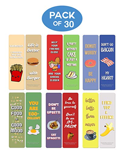 Creanoso Funny Food Sayings Bookmarks (30-Pack) – Six Assorted Quality Bookmarker Cards Bulk Set – Premium Gift for Food Lovers, Chefs, Cooks, Men & Women, Adults – Corporate Giveaways