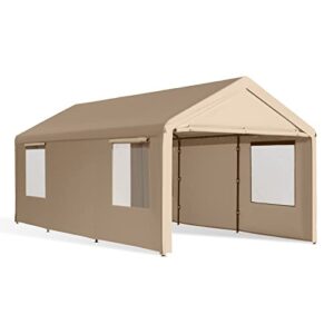 gardesol carport, 10’x20′ heavy duty carport with roll-up ventilated windows, portable garage with removable sidewalls & doors for car, truck, boat, car canopy with all-season tarp, beige