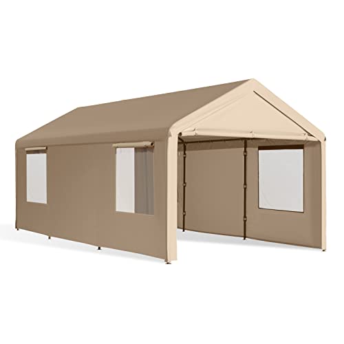 Gardesol Carport, 10'x20' Heavy Duty Carport with Roll-up Ventilated Windows, Portable Garage with Removable Sidewalls & Doors for Car, Truck, Boat, Car Canopy with All-Season Tarp, Beige