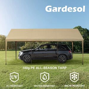 Gardesol Carport, 10'x20' Heavy Duty Carport with Roll-up Ventilated Windows, Portable Garage with Removable Sidewalls & Doors for Car, Truck, Boat, Car Canopy with All-Season Tarp, Beige