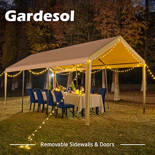 Gardesol Carport, 10'x20' Heavy Duty Carport with Roll-up Ventilated Windows, Portable Garage with Removable Sidewalls & Doors for Car, Truck, Boat, Car Canopy with All-Season Tarp, Beige