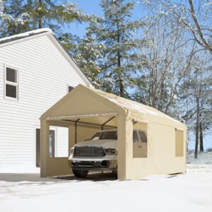 Gardesol Carport, 10'x20' Heavy Duty Carport with Roll-up Ventilated Windows, Portable Garage with Removable Sidewalls & Doors for Car, Truck, Boat, Car Canopy with All-Season Tarp, Beige