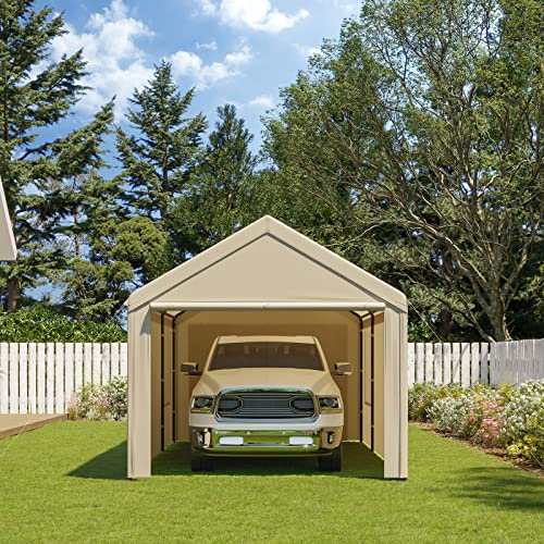 Gardesol Carport, 10'x20' Heavy Duty Carport with Roll-up Ventilated Windows, Portable Garage with Removable Sidewalls & Doors for Car, Truck, Boat, Car Canopy with All-Season Tarp, Beige