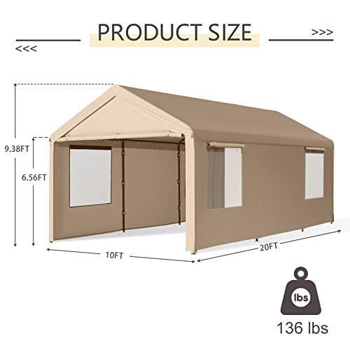 Gardesol Carport, 10'x20' Heavy Duty Carport with Roll-up Ventilated Windows, Portable Garage with Removable Sidewalls & Doors for Car, Truck, Boat, Car Canopy with All-Season Tarp, Beige