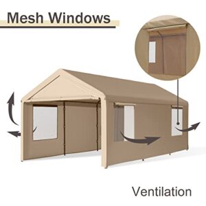 Gardesol Carport, 10'x20' Heavy Duty Carport with Roll-up Ventilated Windows, Portable Garage with Removable Sidewalls & Doors for Car, Truck, Boat, Car Canopy with All-Season Tarp, Beige