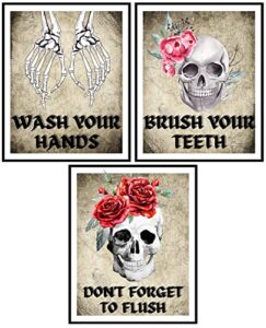 roxbury row goth bathroom decor | skeleton decor, skull decor | funny bathroom signs, floral skull bathroom decor sets | halloween bathroom decor set (unframed prints) (set of 3: wash/brush/flush)