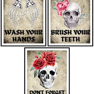 Roxbury Row Goth Bathroom Decor | Skeleton Decor, Skull Decor | Funny Bathroom Signs, Floral Skull Bathroom Decor Sets | Halloween Bathroom Decor Set (Unframed Prints) (Set of 3: Wash/Brush/Flush)