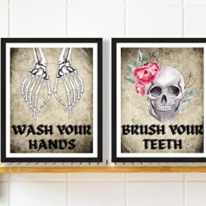 Roxbury Row Goth Bathroom Decor | Skeleton Decor, Skull Decor | Funny Bathroom Signs, Floral Skull Bathroom Decor Sets | Halloween Bathroom Decor Set (Unframed Prints) (Set of 3: Wash/Brush/Flush)