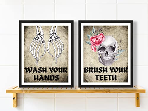 Roxbury Row Goth Bathroom Decor | Skeleton Decor, Skull Decor | Funny Bathroom Signs, Floral Skull Bathroom Decor Sets | Halloween Bathroom Decor Set (Unframed Prints) (Set of 3: Wash/Brush/Flush)