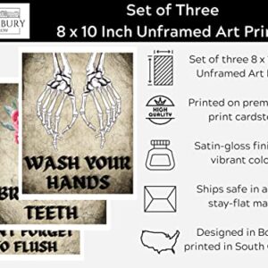 Roxbury Row Goth Bathroom Decor | Skeleton Decor, Skull Decor | Funny Bathroom Signs, Floral Skull Bathroom Decor Sets | Halloween Bathroom Decor Set (Unframed Prints) (Set of 3: Wash/Brush/Flush)