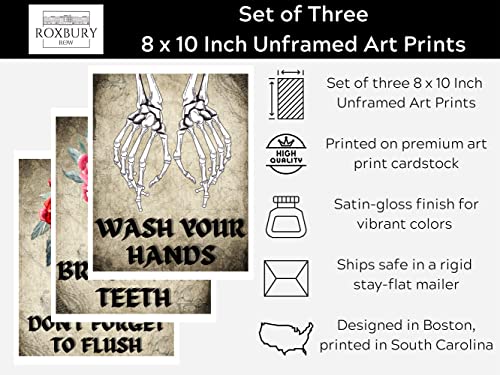 Roxbury Row Goth Bathroom Decor | Skeleton Decor, Skull Decor | Funny Bathroom Signs, Floral Skull Bathroom Decor Sets | Halloween Bathroom Decor Set (Unframed Prints) (Set of 3: Wash/Brush/Flush)