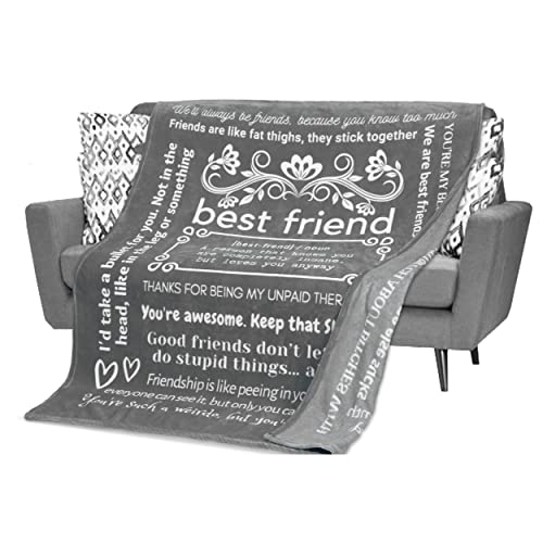 FILO ESTILO Funny Best Friend Birthday Gifts for Women, Best Friend Blanket, Unique Friendship Throw Full of Fun Gag Quotes and Sayings for Bestie, BFF, Long Distance 60x50 Inches (Grey, Fleece)