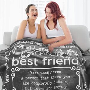 filo estilo funny best friend birthday gifts for women, best friend blanket, unique friendship throw full of fun gag quotes and sayings for bestie, bff, long distance 60×50 inches (grey, fleece)