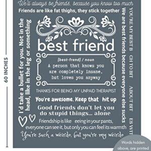 FILO ESTILO Funny Best Friend Birthday Gifts for Women, Best Friend Blanket, Unique Friendship Throw Full of Fun Gag Quotes and Sayings for Bestie, BFF, Long Distance 60x50 Inches (Grey, Fleece)