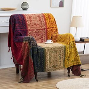 boho throw blanket, hippie room decor woven furniture recliner sofa covers, with knitted tassel aesthetic colorful soft crochet throw blankets for couch, bohemian, indian blankets (60 x 75 inch)