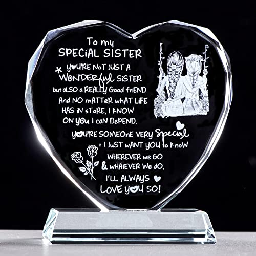 Gifts for Sister from Sister on Her Birthday, Heart-Shaped Glass Plaque Keepsake with I Love You Sister Sayings