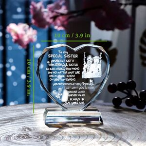 Gifts for Sister from Sister on Her Birthday, Heart-Shaped Glass Plaque Keepsake with I Love You Sister Sayings