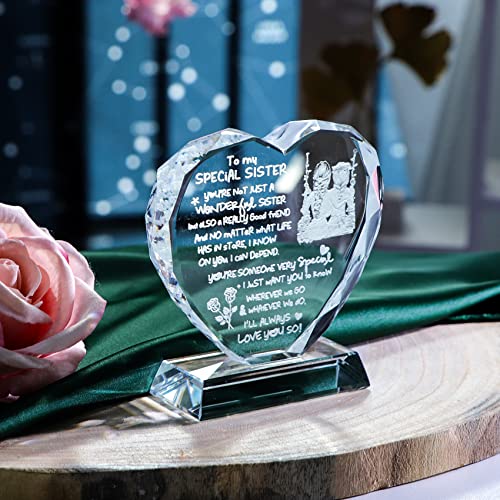 Gifts for Sister from Sister on Her Birthday, Heart-Shaped Glass Plaque Keepsake with I Love You Sister Sayings