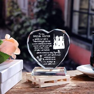 Gifts for Sister from Sister on Her Birthday, Heart-Shaped Glass Plaque Keepsake with I Love You Sister Sayings